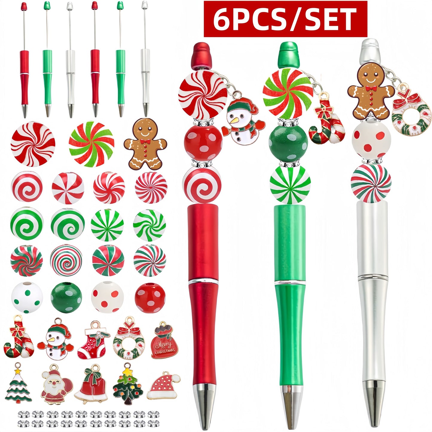 Christmas candy beadable pen kit - six red, green and silver pens with peppermint swirl wood beads, gingerbread man, snowman and holiday charms