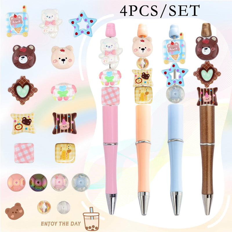 Kawaii bear beadable pen kit - four pink, peach, blue and brown pens with acrylic bear, bunny, ice cream, waffle and biscuit beads