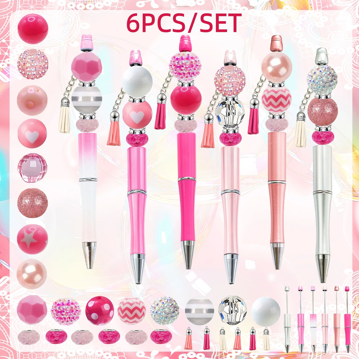Pink ombre beadable pen kit - six pink, blush and silver pens with chunky rhinestone, pearl and chevron acrylic beads and tassels