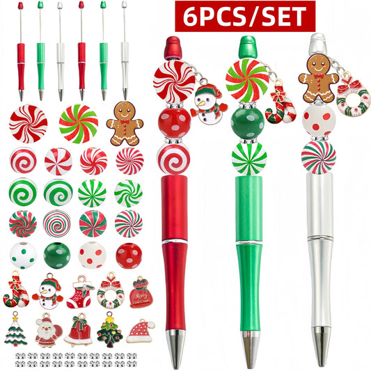Christmas candy beadable pen kit - six red, green and silver pens with peppermint swirl wood beads, gingerbread man, snowman and holiday charms