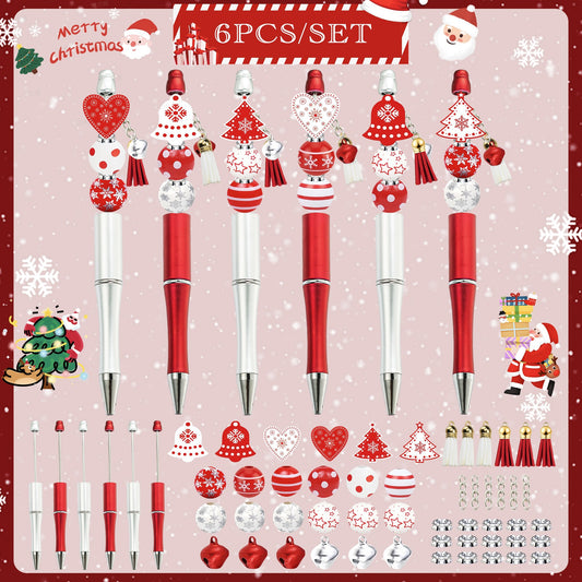 Nordic Christmas beadable pen kit - six red and white pens with snowflake wood beads, wooden heart, bell and tree charms, jingle bells and tassels