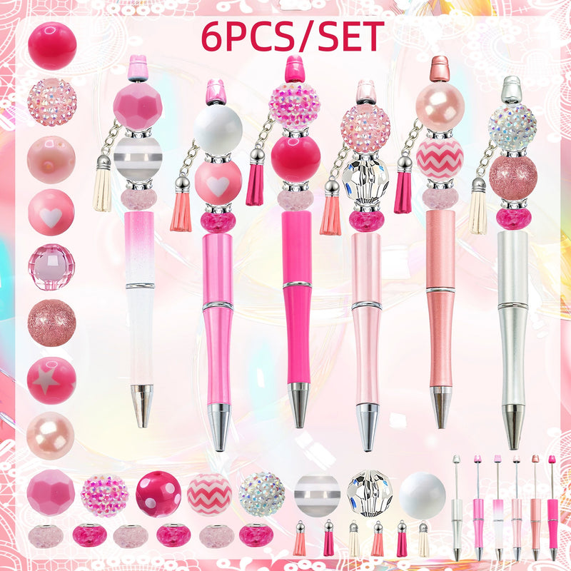 Pink ombre beadable pen kit - six pink, blush and silver pens with chunky rhinestone, pearl and chevron acrylic beads and tassels