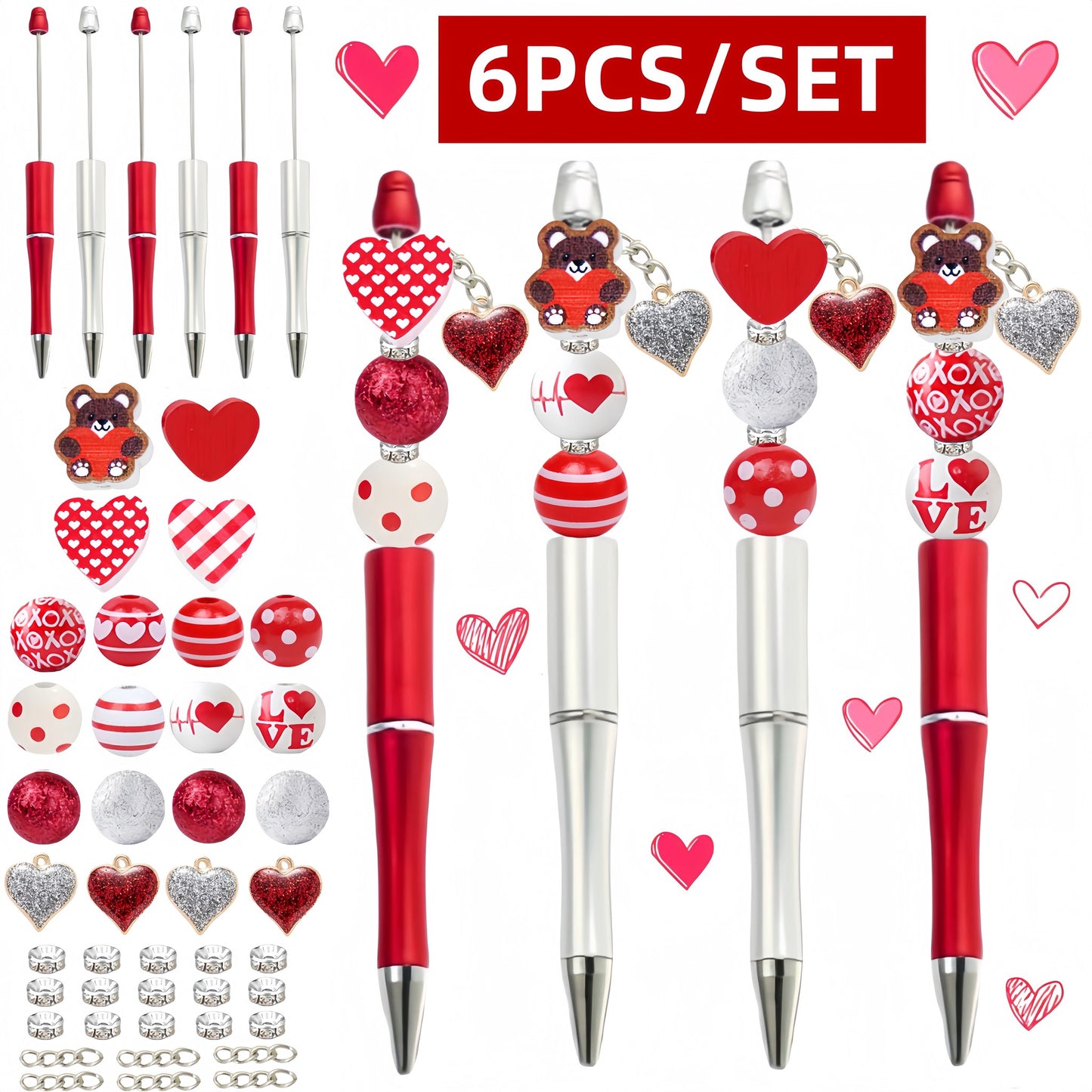 Valentine's beadable pen kit - six red and silver pens with LOVE and XOXO wood beads, teddy bear charm and red and silver glitter heart charms